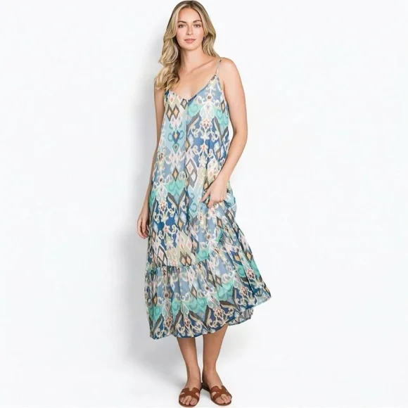NWT Sleeveless Boho Ruffle Printed Woven Blue Green Cami Maxi Dress - Picture 2 of 12